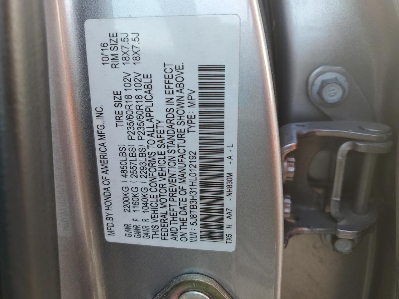 5J8TB3H31HL012192 2017 Acura Rdx