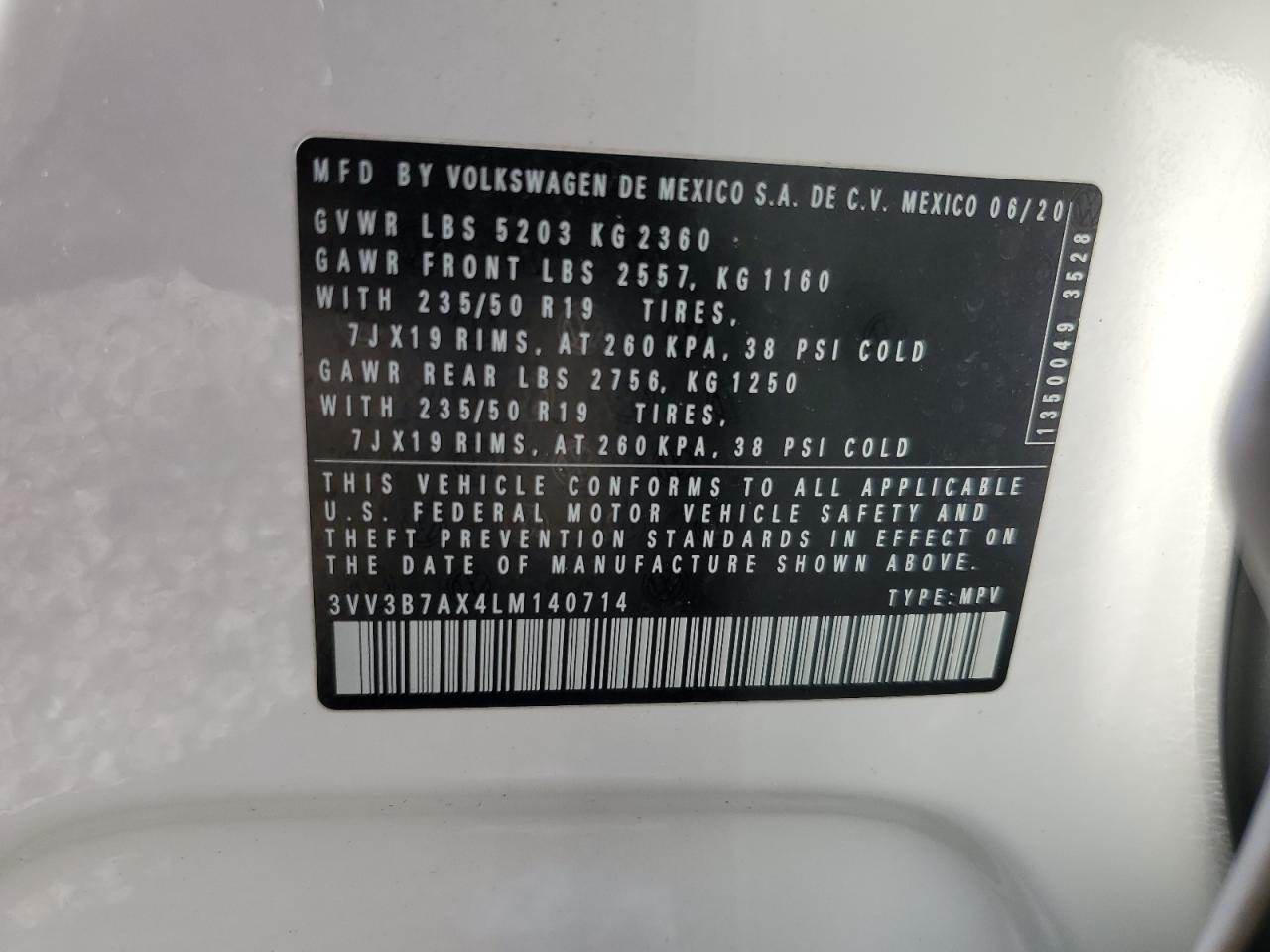 3VV3B7AX4LM140714 2020 Volkswagen Tiguan Se