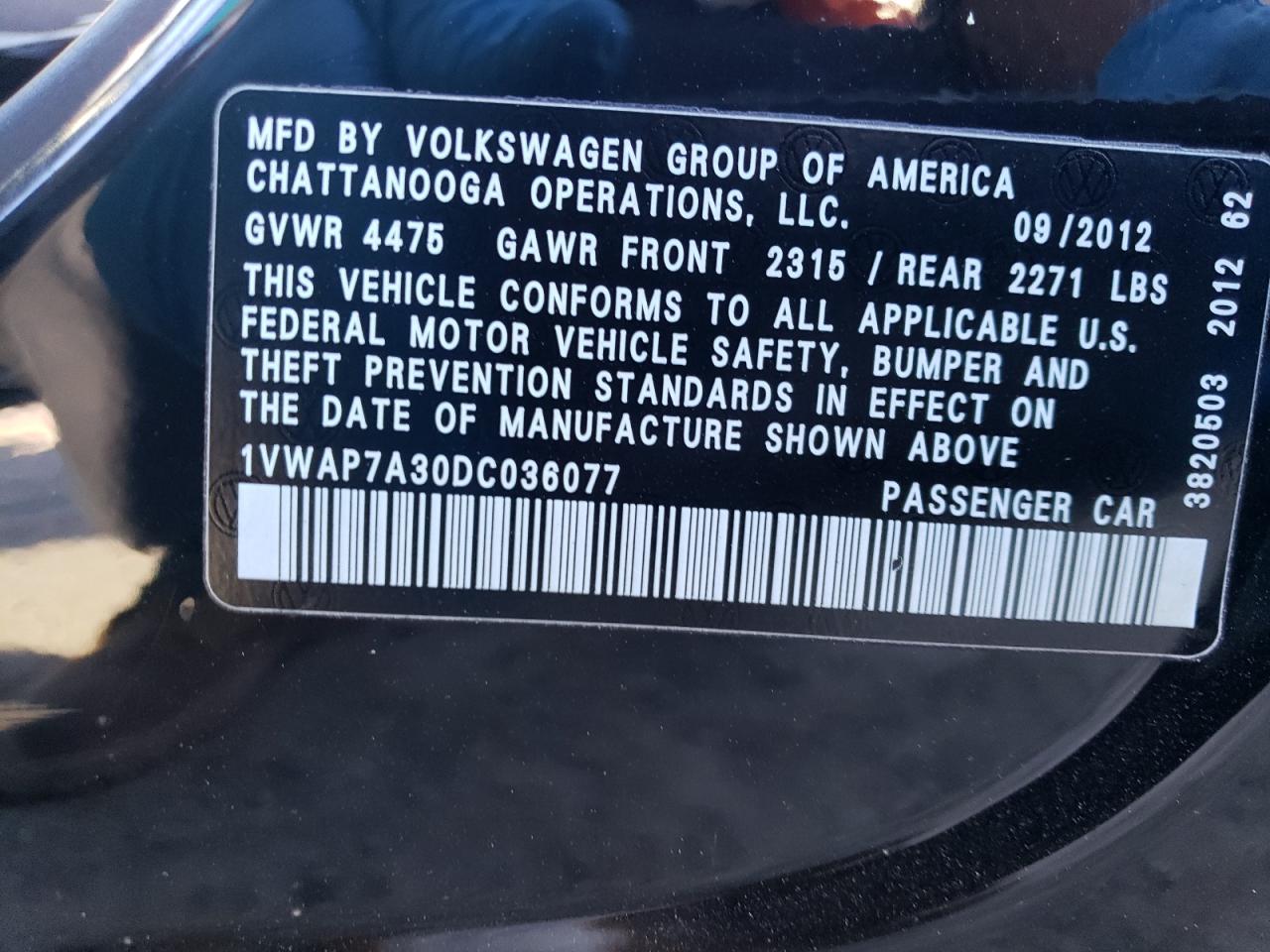 1VWAP7A30DC036077 2013 Volkswagen Passat S