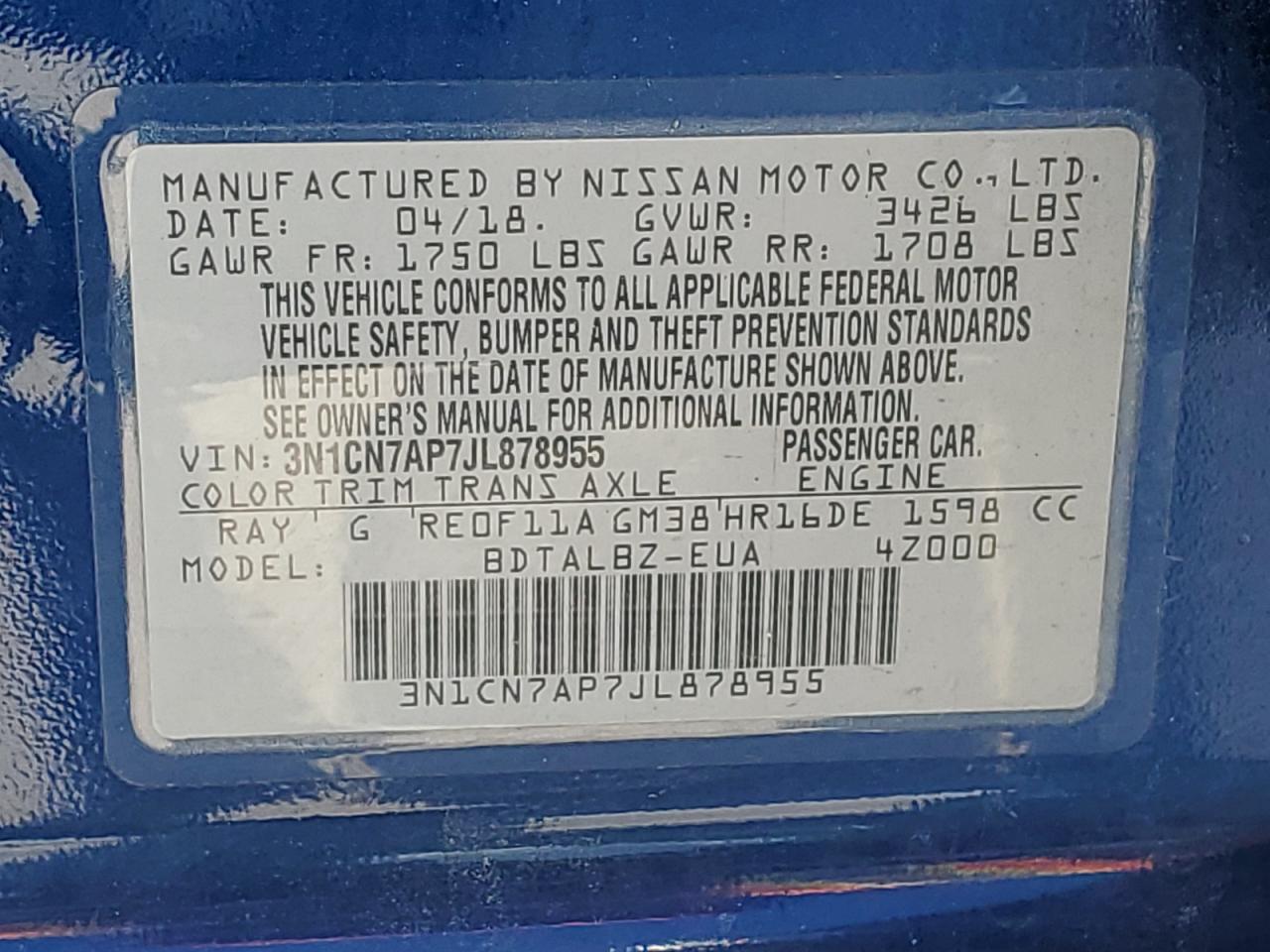 3N1CN7AP7JL878955 2018 Nissan Versa S