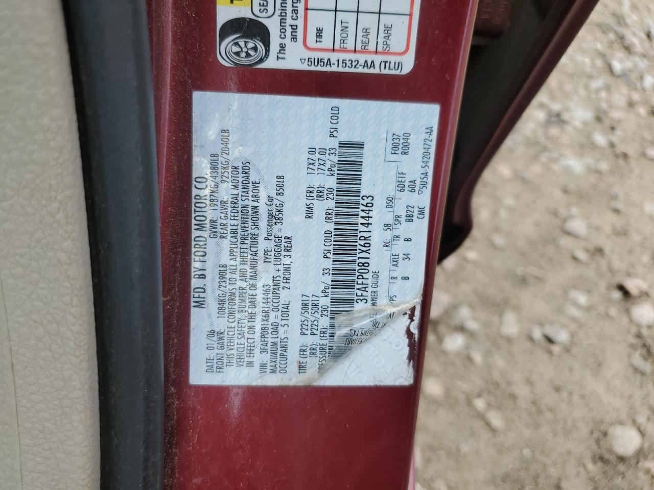 3FAFP081X6R144463 2006 Ford Fusion Sel