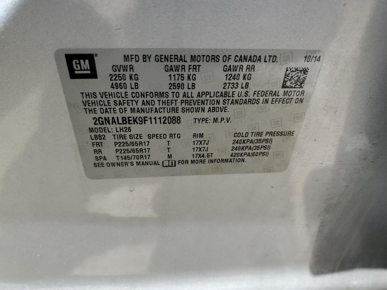 2GNALBEK9F1112088 2015 Chevrolet Equinox Lt