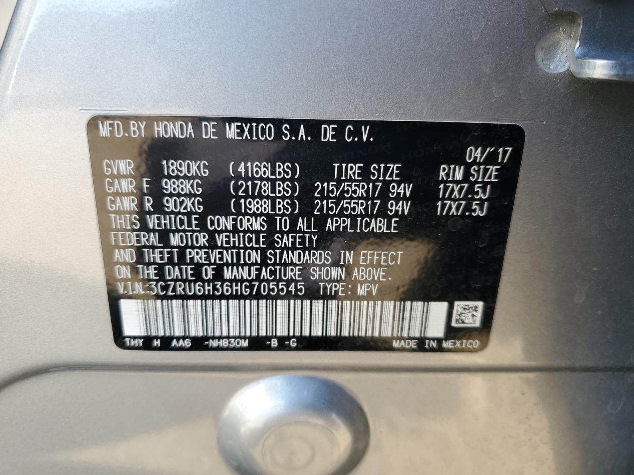 3CZRU6H36HG705545 HONDA HR-V 2017