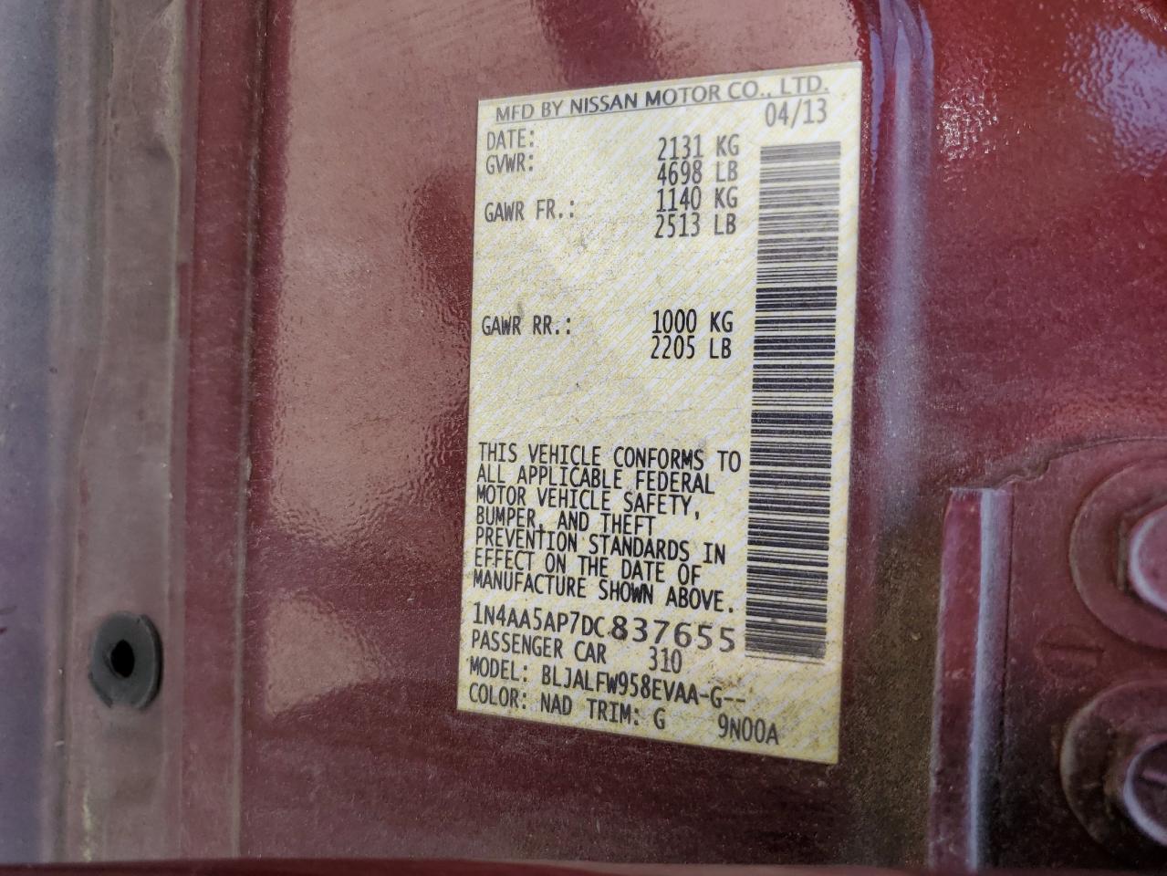 1N4AA5AP7DC837655 2013 Nissan Maxima S