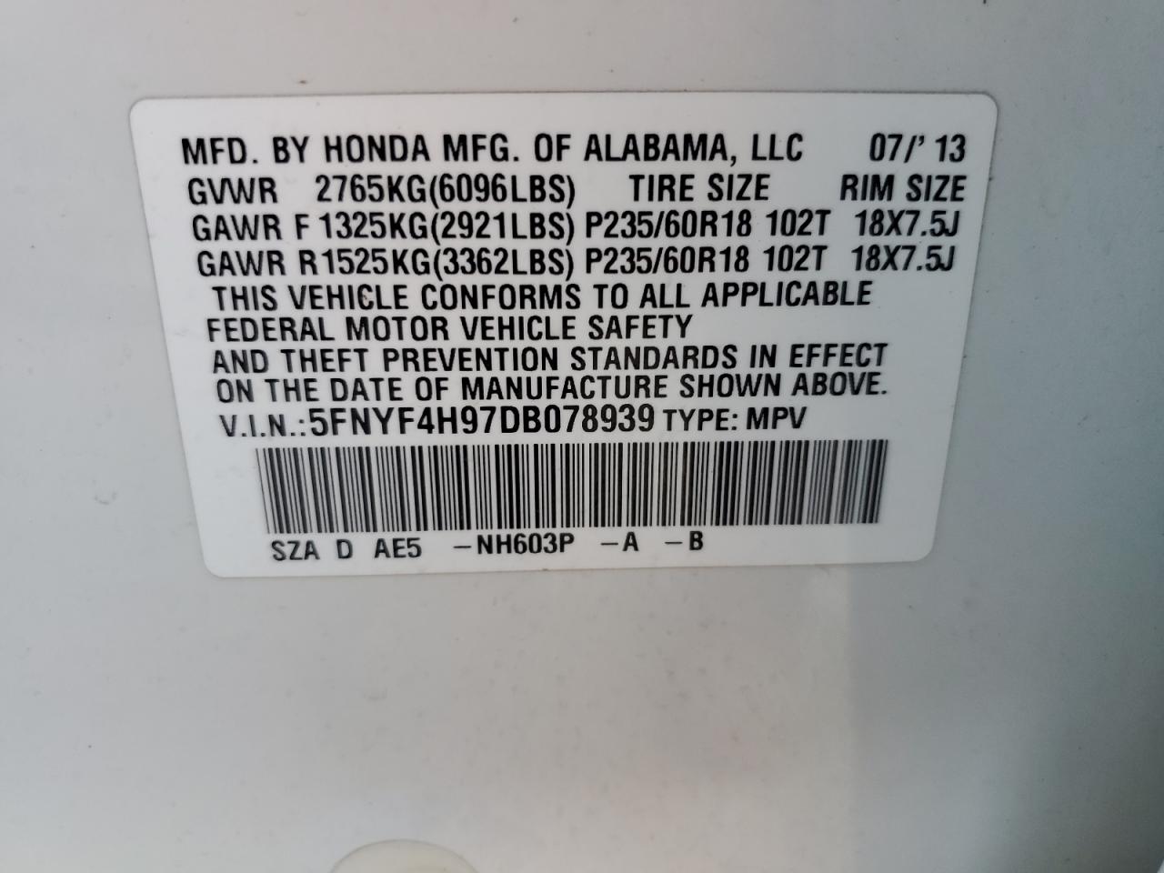 5FNYF4H97DB078939 2013 Honda Pilot Touring