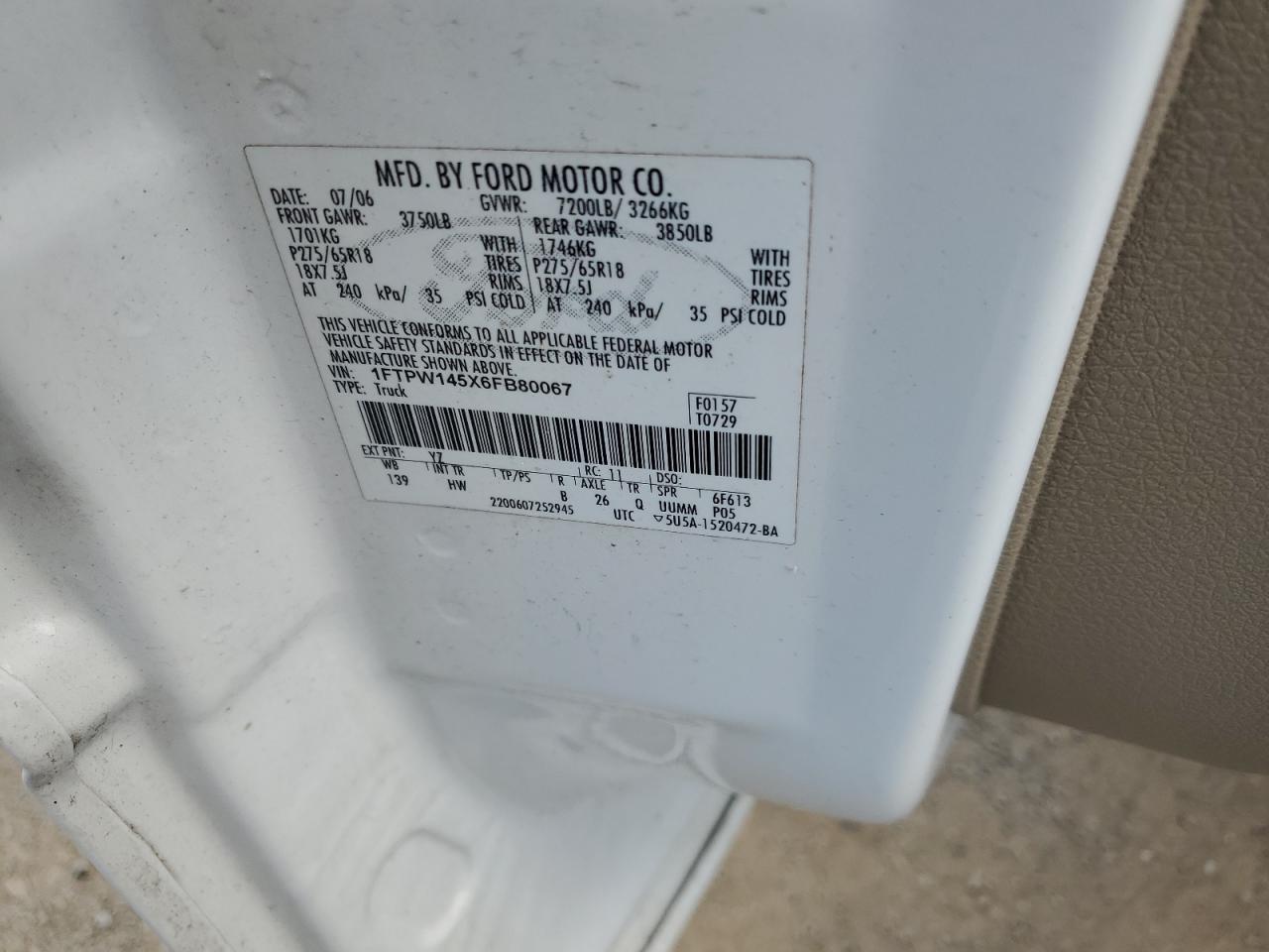 1FTPW145X6FB80067 2006 Ford F150 Supercrew