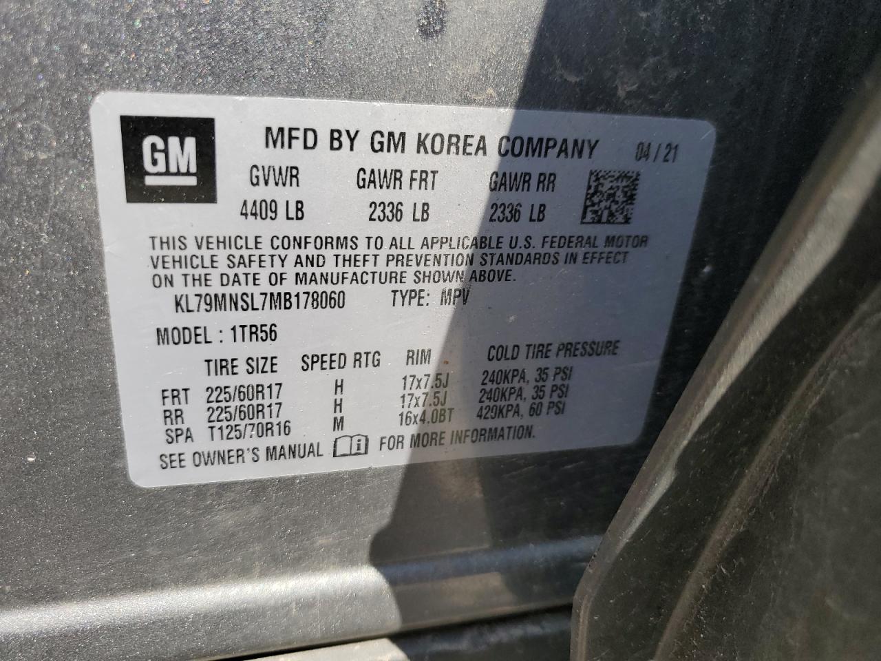 KL79MNSL7MB178060 2021 Chevrolet Trailblazer Ls