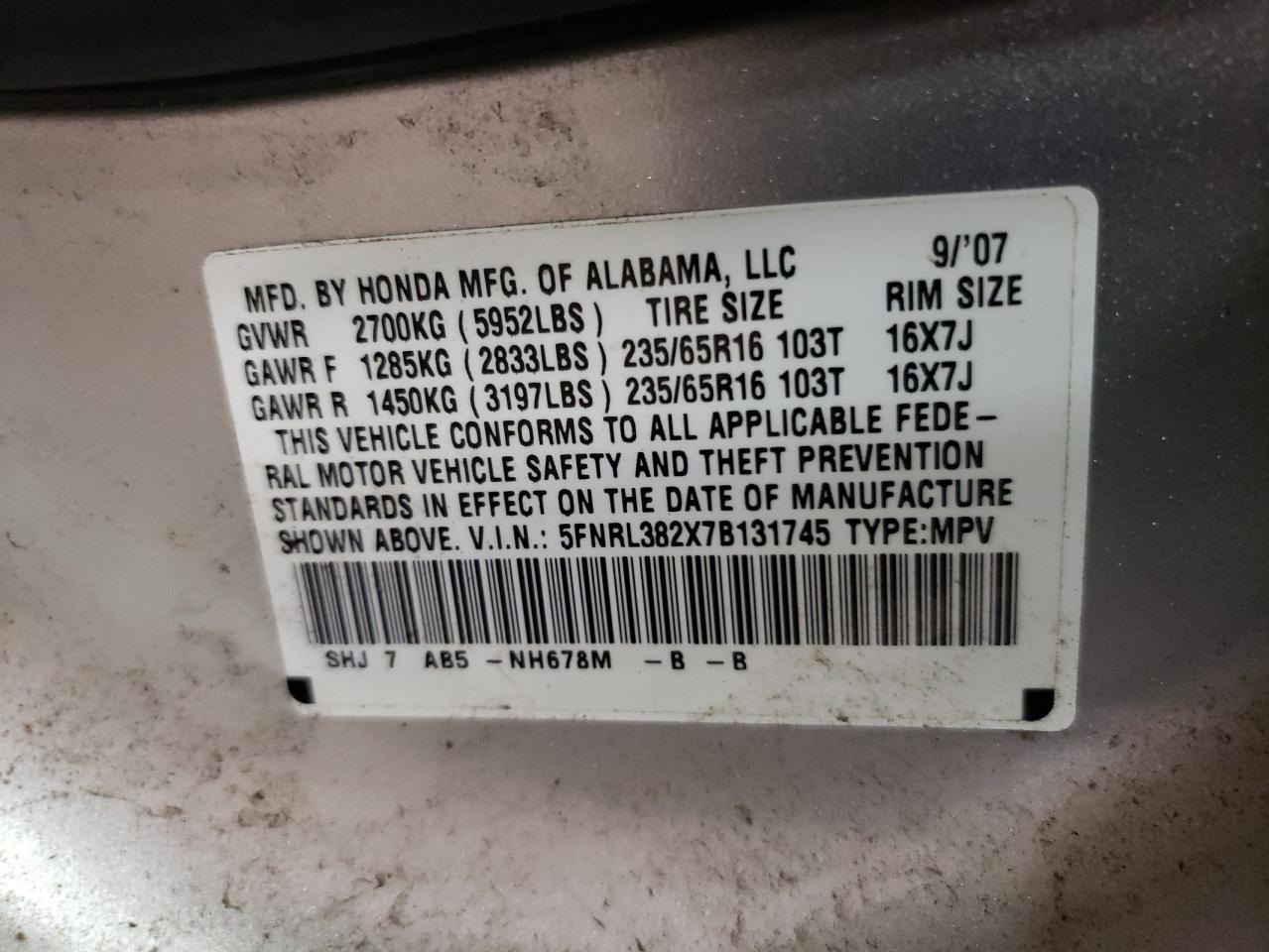 5FNRL382X7B131745 2007 Honda Odyssey Lx