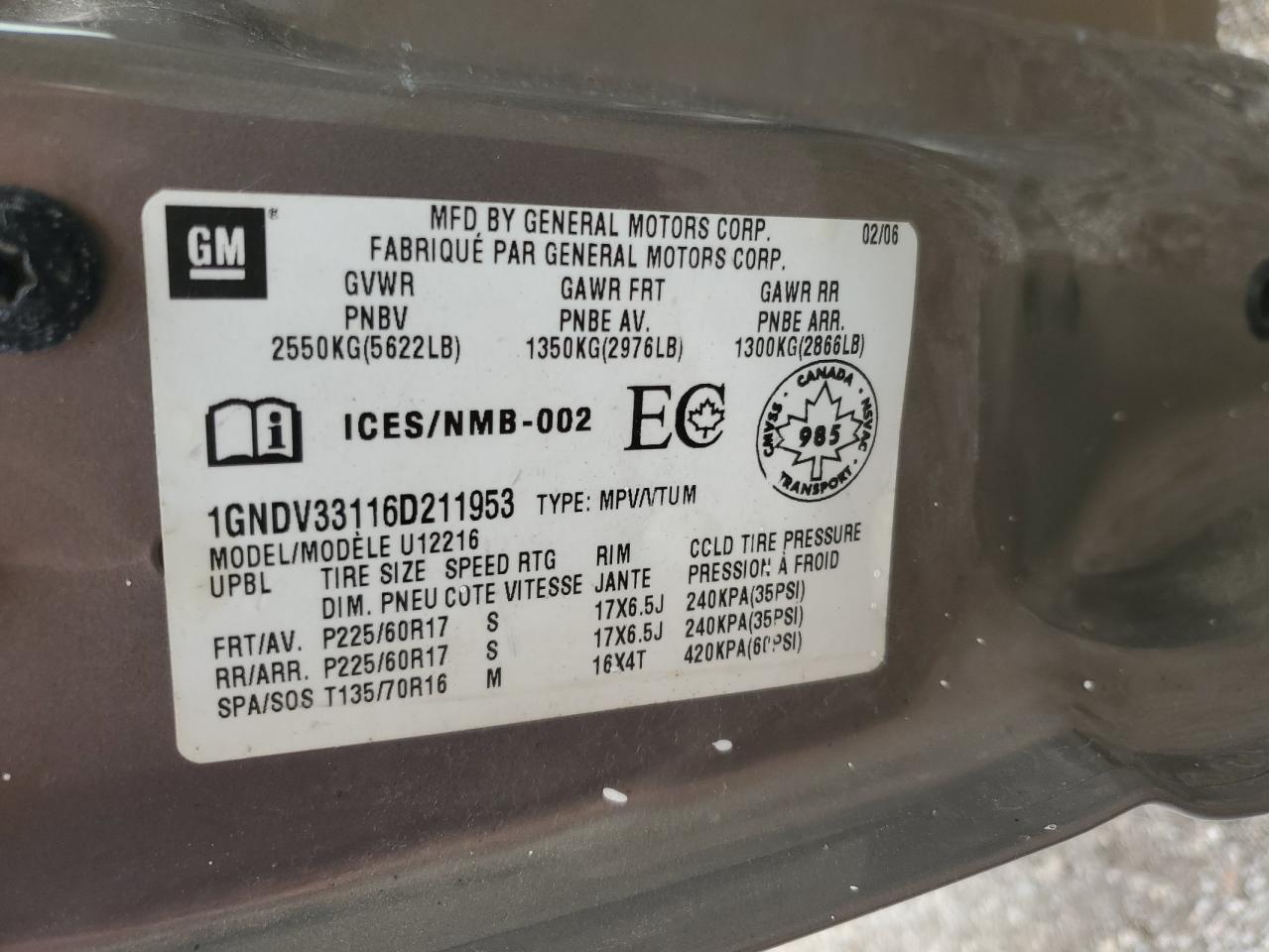 1GNDV33116D211953 2006 Chevrolet Uplander Lt