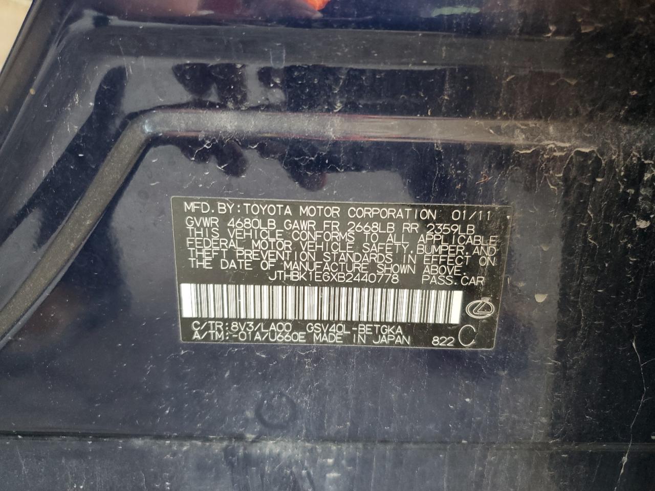 JTHBK1EGXB2440778 2011 Lexus Es 350