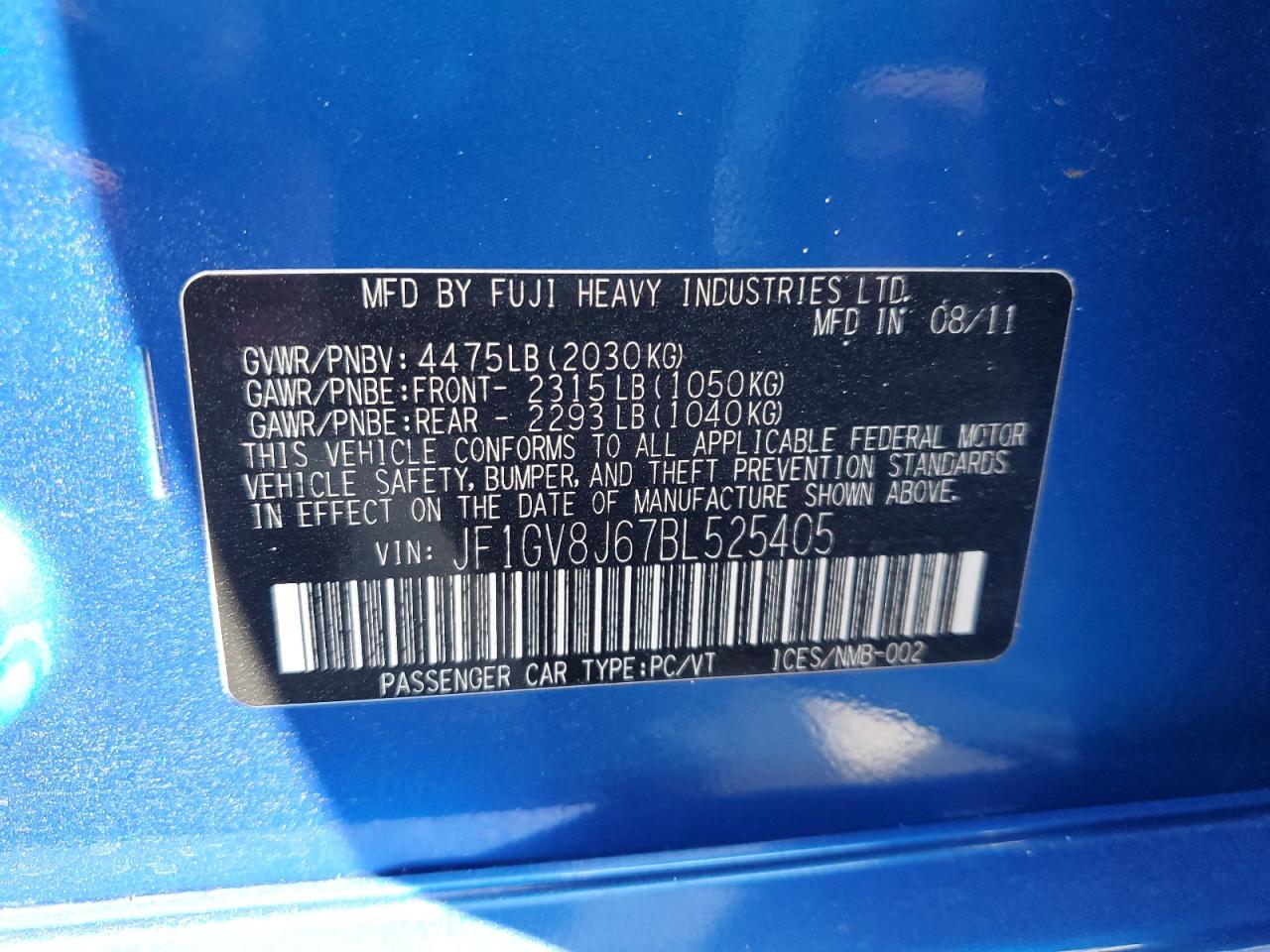 JF1GV8J67BL525405 2011 Subaru Impreza Wrx Sti