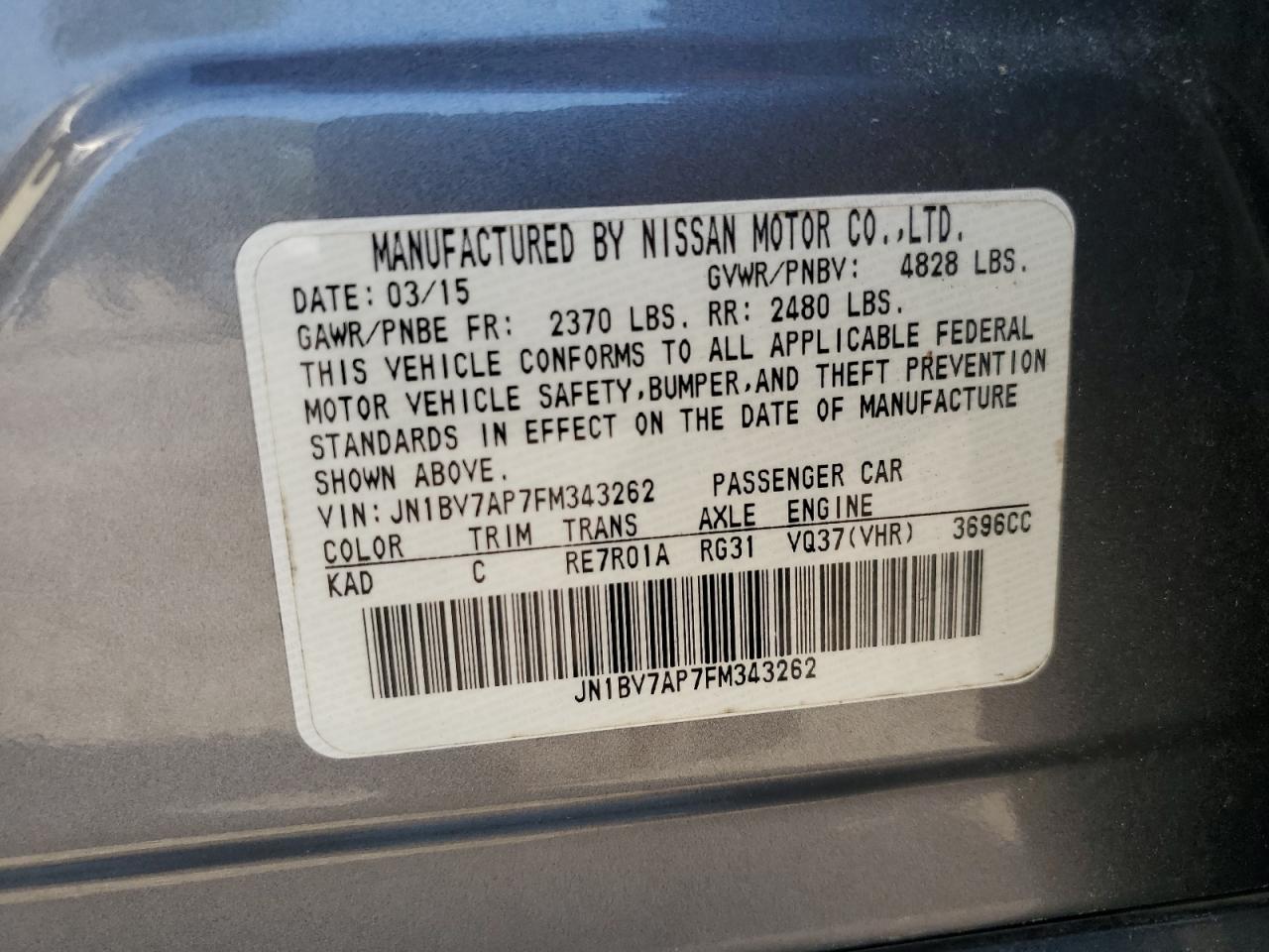 JN1BV7AP7FM343262 2015 Infiniti Q50 Base