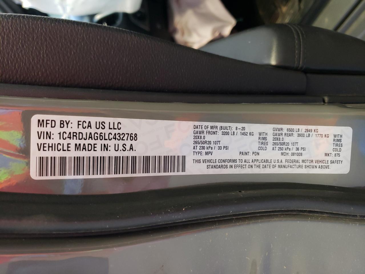 1C4RDJAG6LC432768 2020 Dodge Durango Sxt