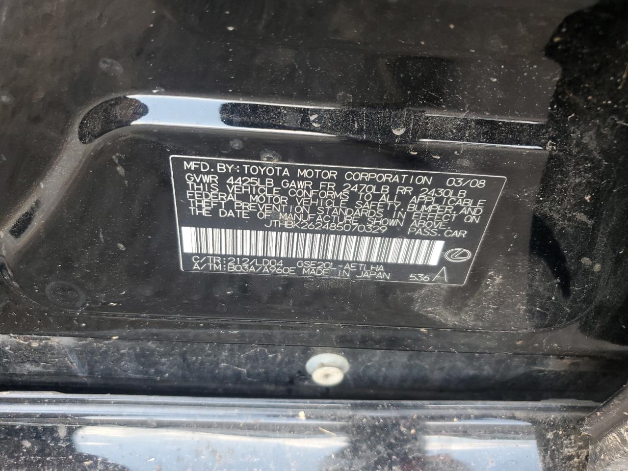 JTHBK262485070329 2008 Lexus Is 250