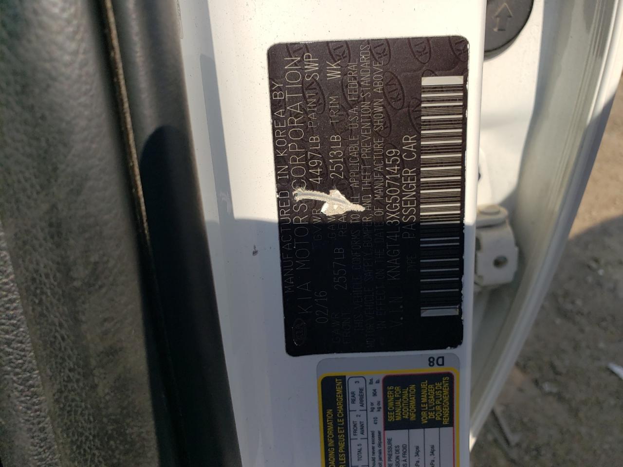 KNAGT4L3XG5071459 2016 Kia Optima Lx