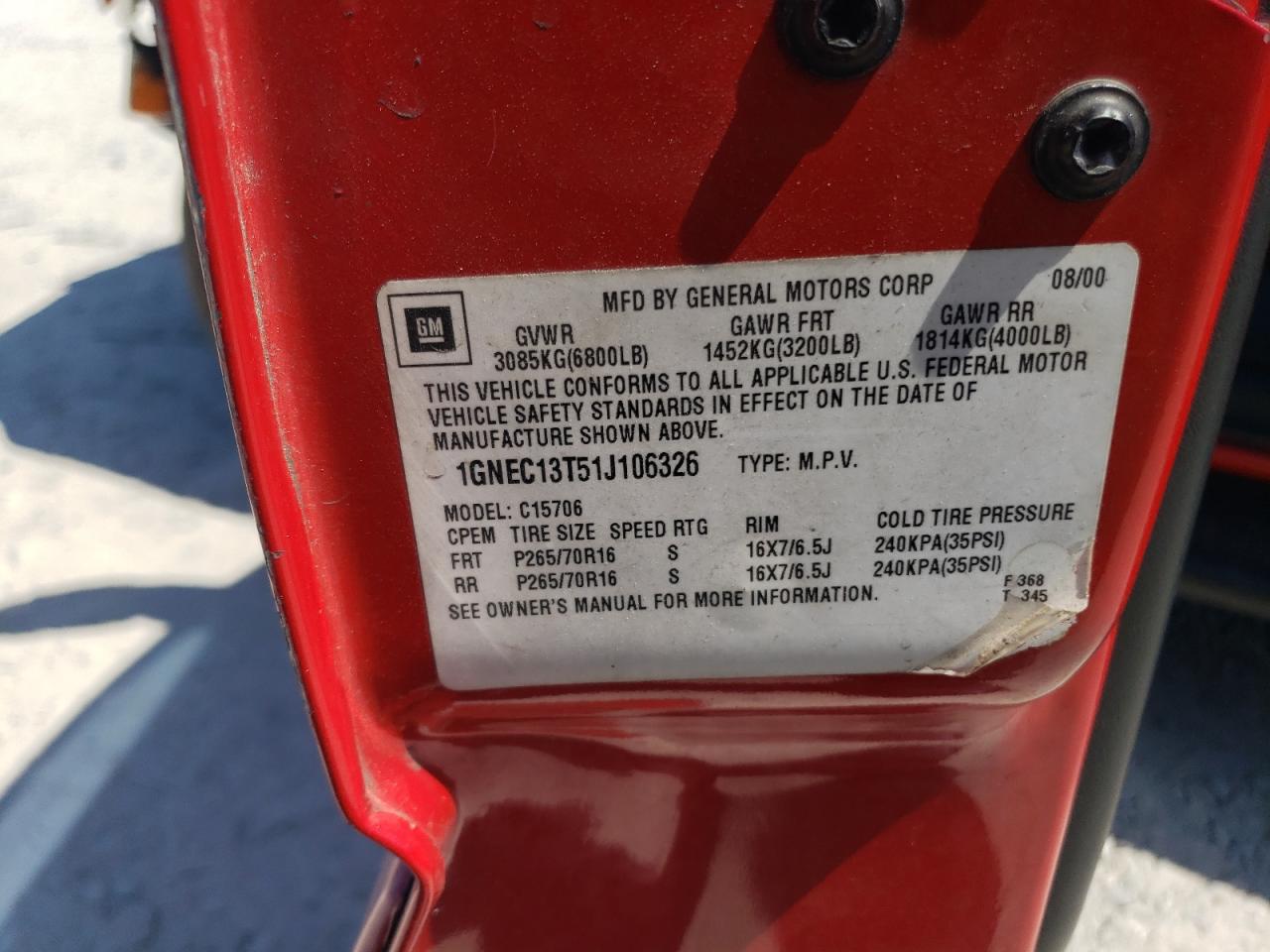 1GNEC13T51J106326 2001 Chevrolet Tahoe C1500