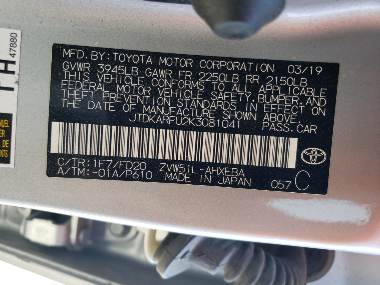 JTDKARFU2K3081041 2019 Toyota Prius