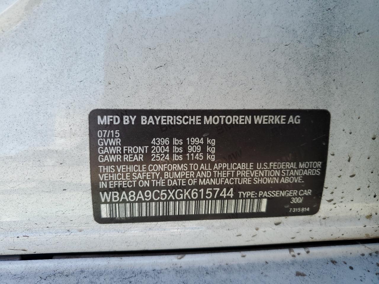 WBA8A9C5XGK615744 2016 BMW 320 I
