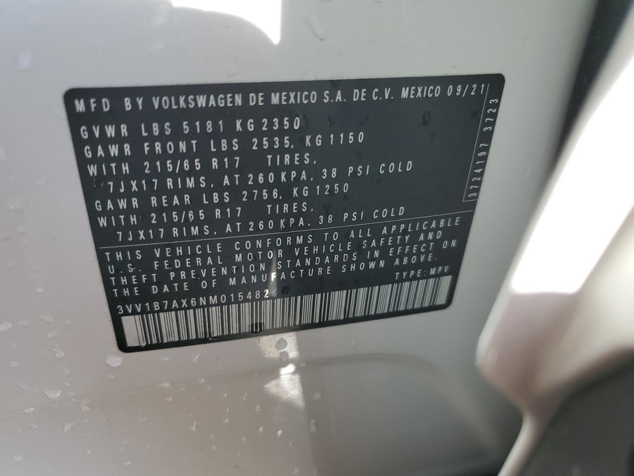 3VV1B7AX6NM015482 2022 Volkswagen Tiguan S