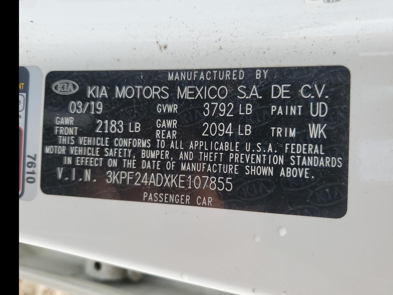 3KPF24ADXKE107855 2019 Kia Forte Fe