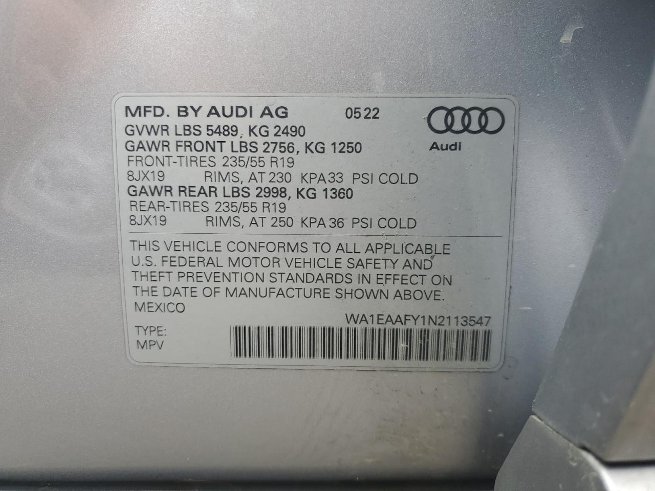 WA1EAAFY1N2113547 2022 Audi Q5 Premium Plus 45