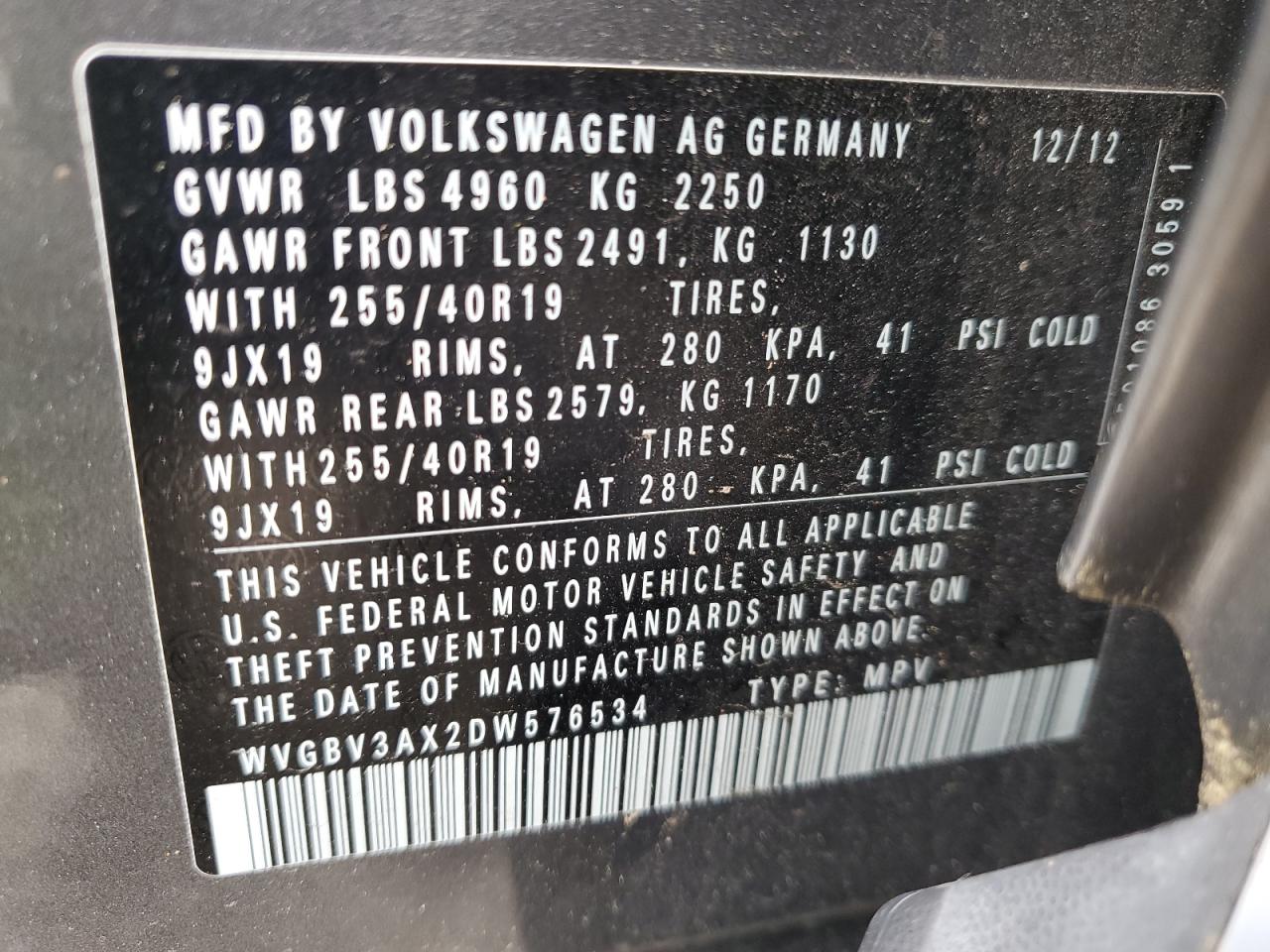WVGBV3AX2DW576534 2013 Volkswagen Tiguan S