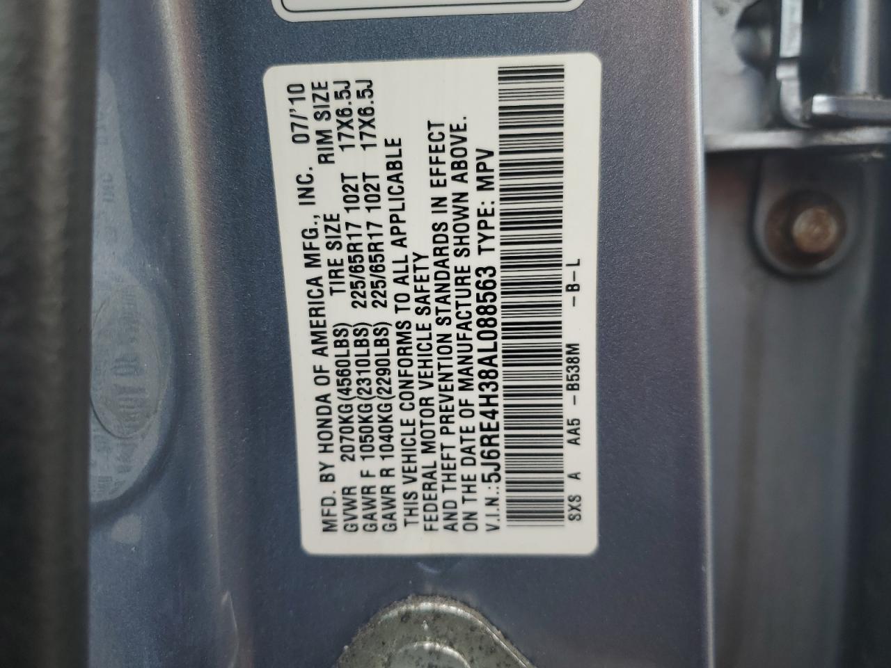 5J6RE4H38AL088563 2010 Honda Cr-V Lx