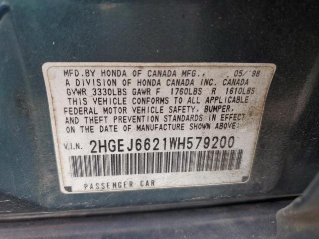 1998 Honda Civic Dx VIN: 2HGEJ6621WH579200 Lot: 59028984