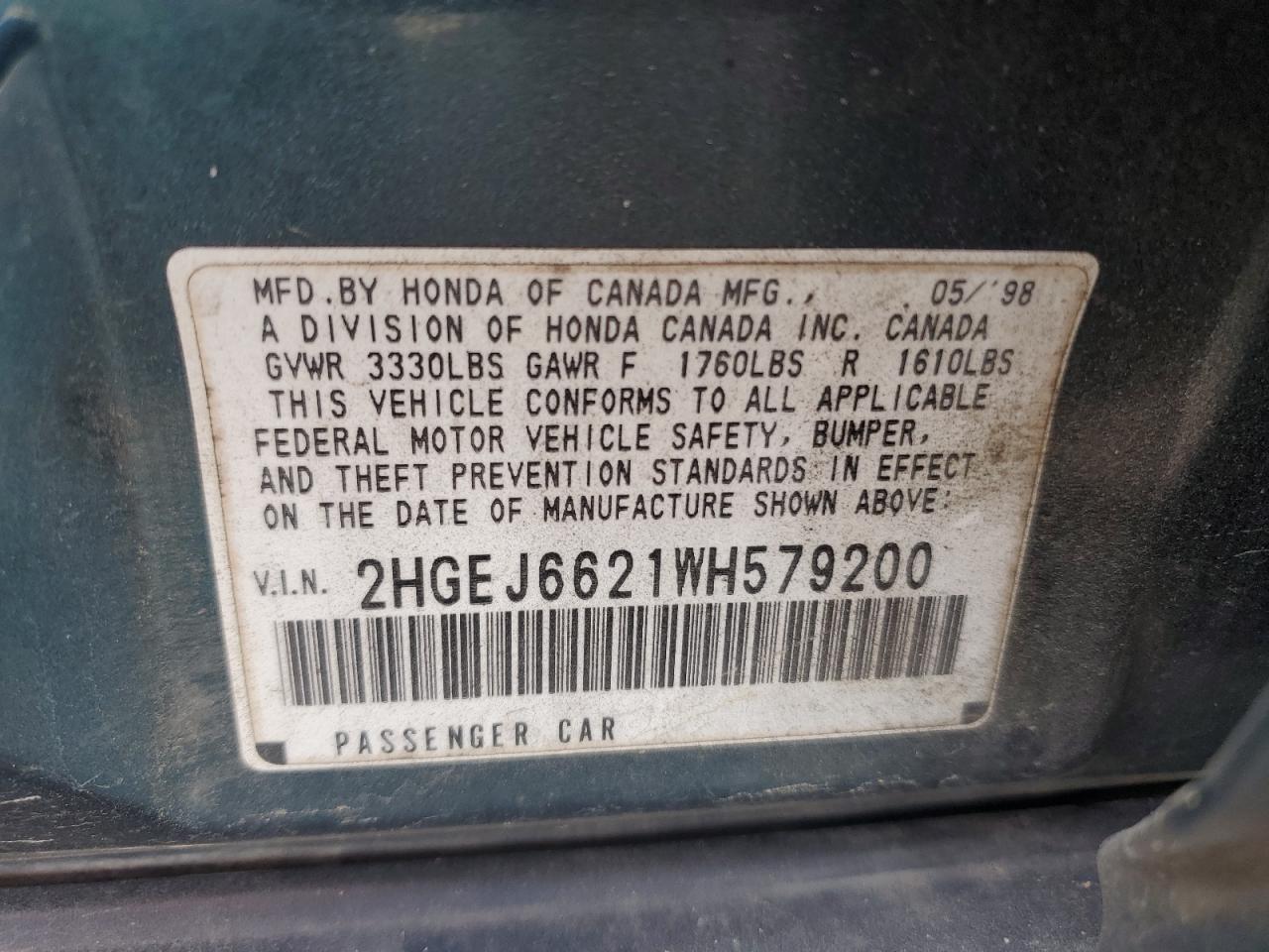 2HGEJ6621WH579200 1998 Honda Civic Dx