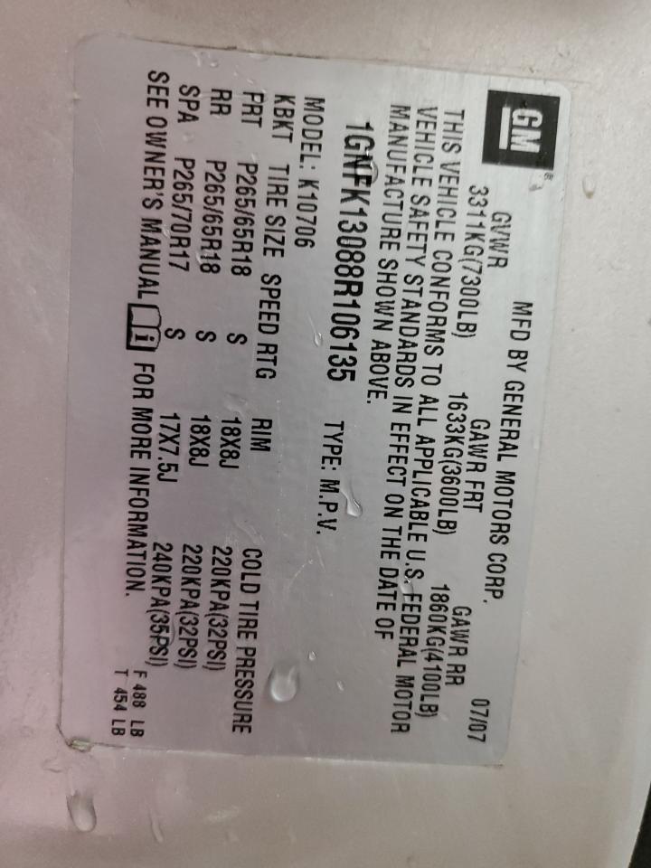 1GNFK13088R106135 2008 Chevrolet Tahoe K1500