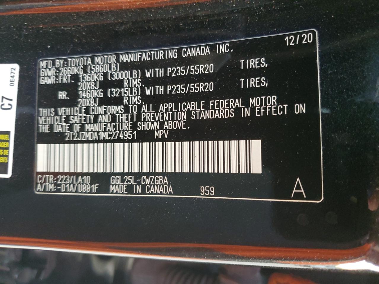 2T2JZMDA1MC274951 2021 Lexus Rx 350