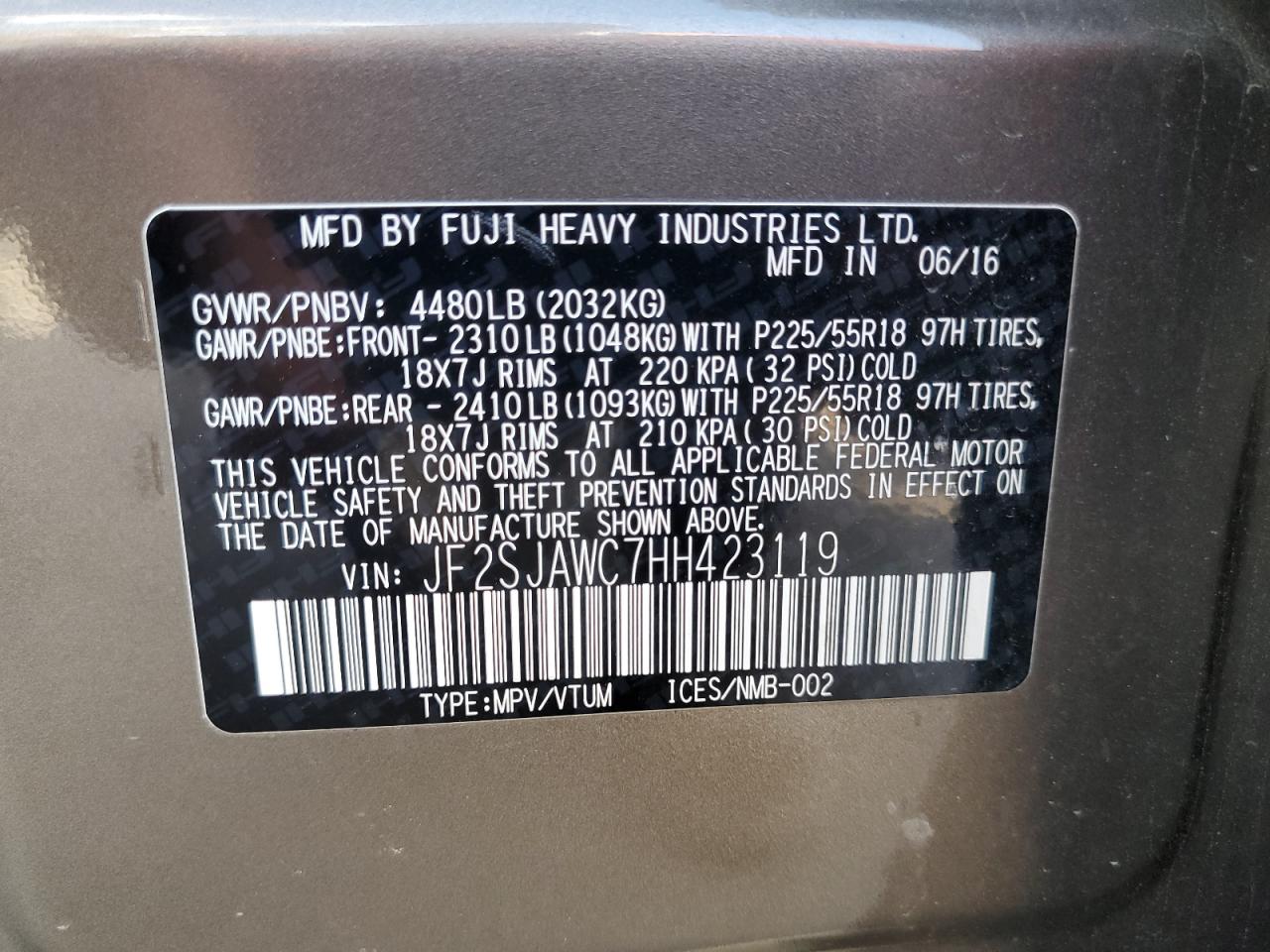 JF2SJAWC7HH423119 2017 Subaru Forester 2.5I Touring