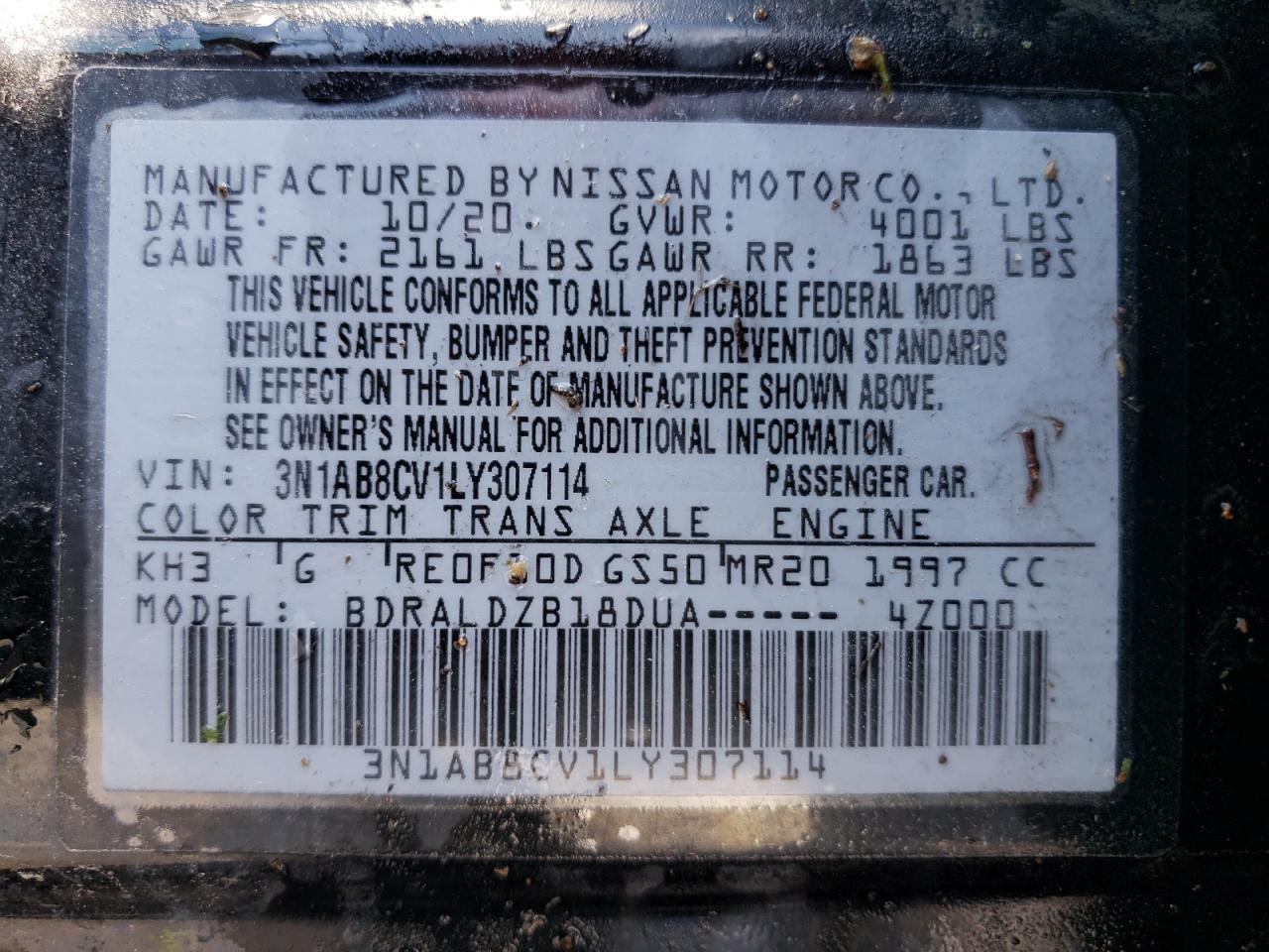 3N1AB8CV1LY307114 2020 Nissan Sentra Sv