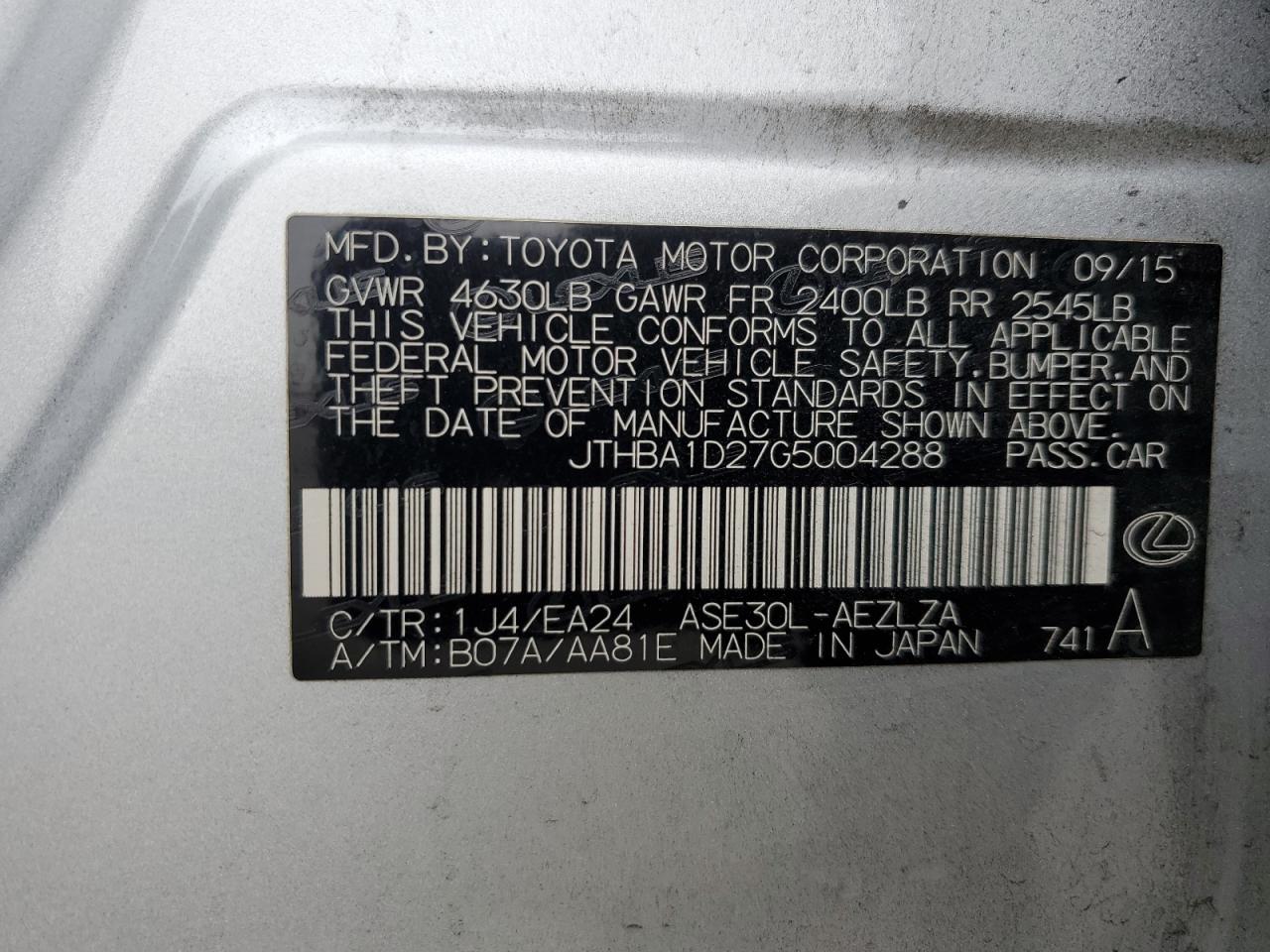 JTHBA1D27G5004288 2016 Lexus Is 200T