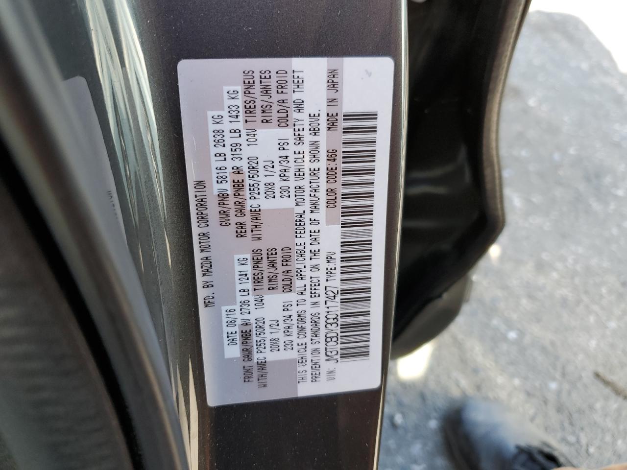 JM3TCBDY3G0117427 2016 Mazda Cx-9 Grand Touring