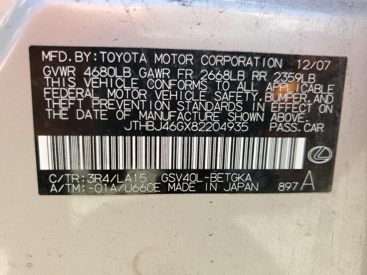 JTHBJ46GX82204935 2008 Lexus Es 350