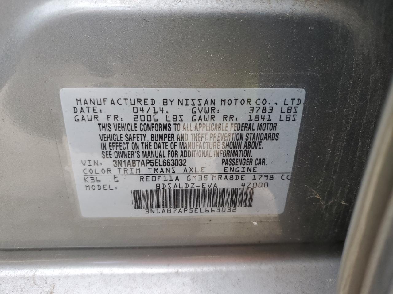 3N1AB7AP5EL663032 2014 Nissan Sentra S
