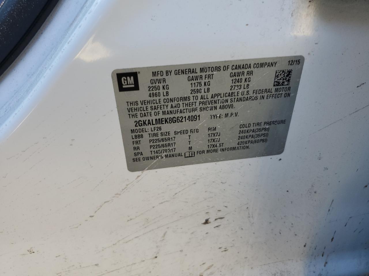 2GKALMEK8G6214091 2016 GMC Terrain Sle