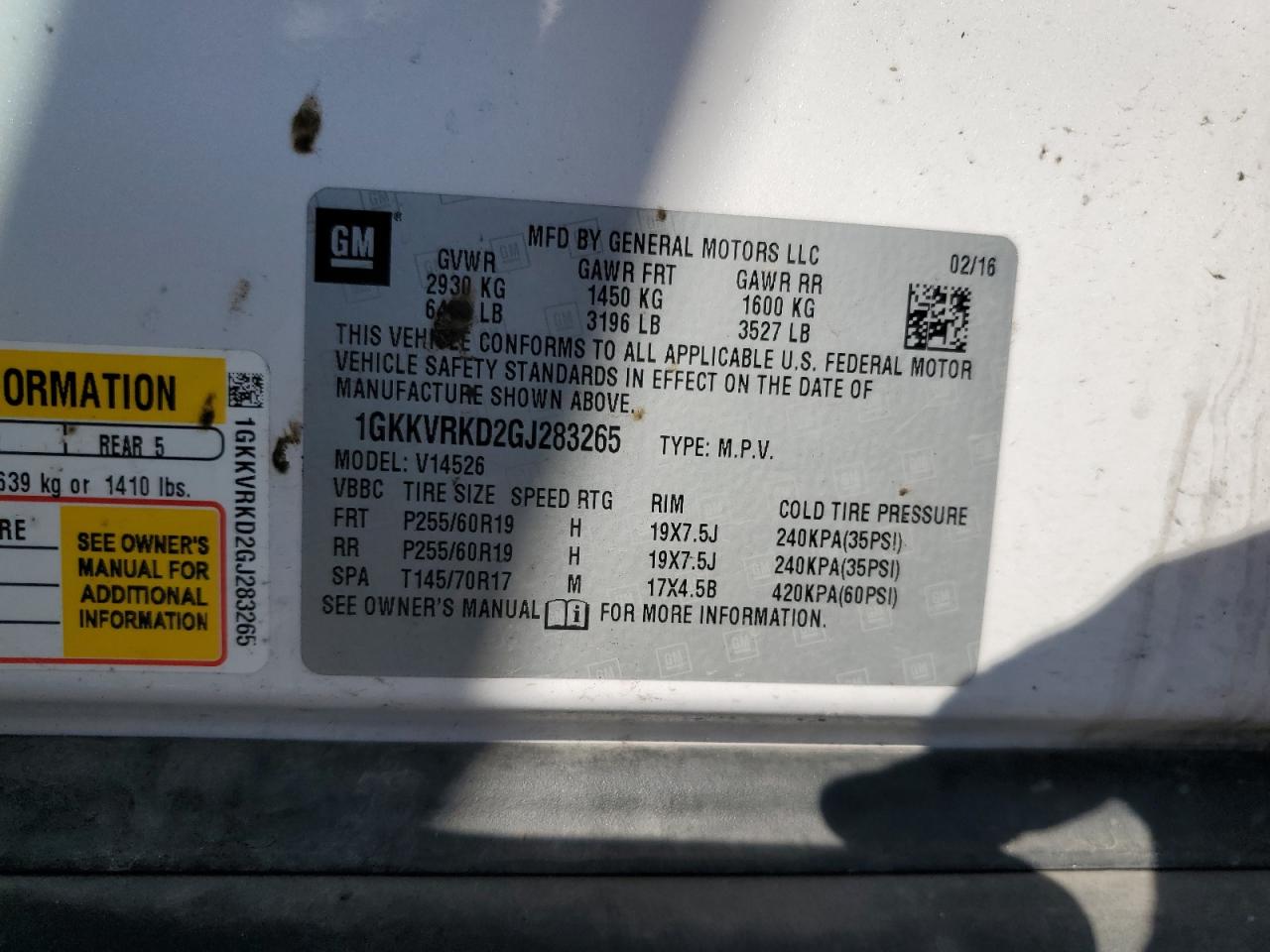 1GKKVRKD2GJ283265 2016 GMC Acadia Slt-1