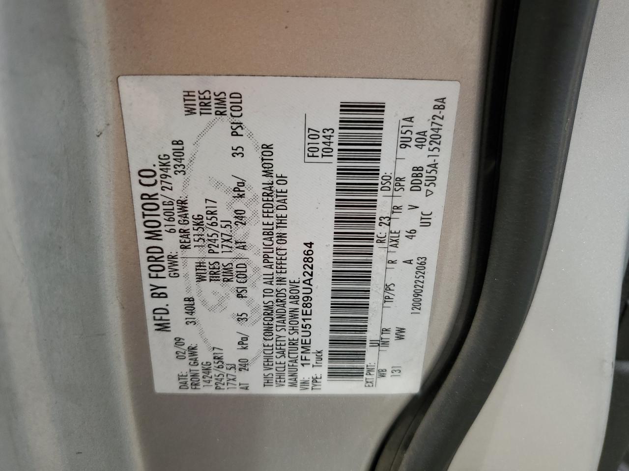 1FMEU51E89UA22864 2009 Ford Explorer Sport Trac Xlt