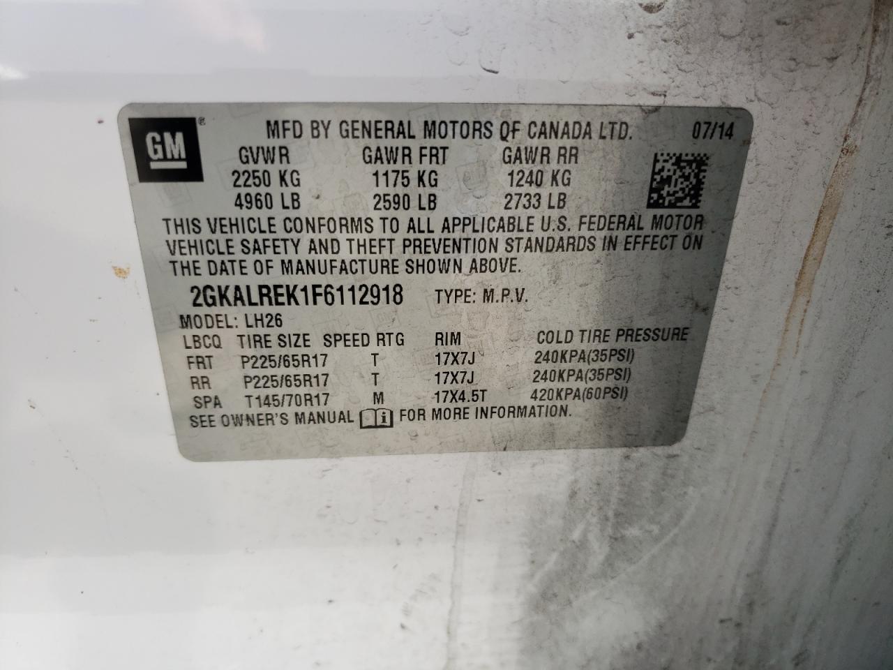 2GKALREK1F6112918 2015 GMC Terrain Sle
