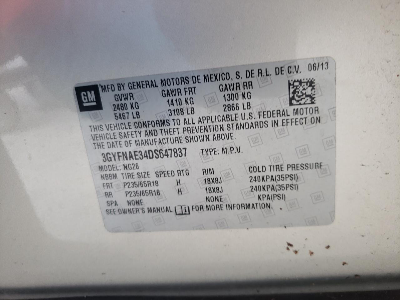 3GYFNAE34DS647837 2013 Cadillac Srx