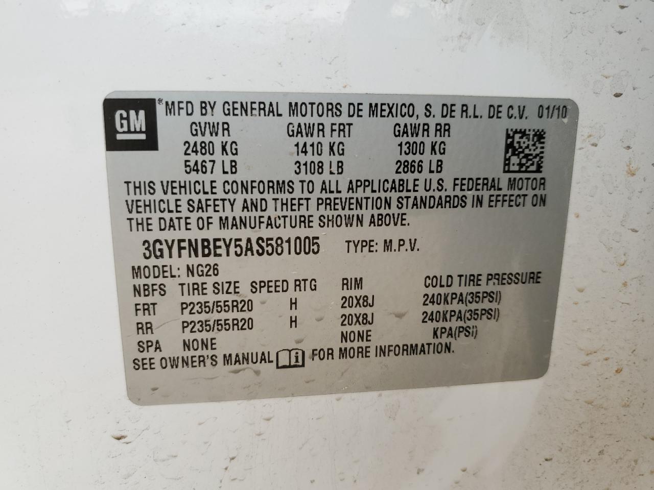 3GYFNBEY5AS581005 2010 Cadillac Srx Performance Collection