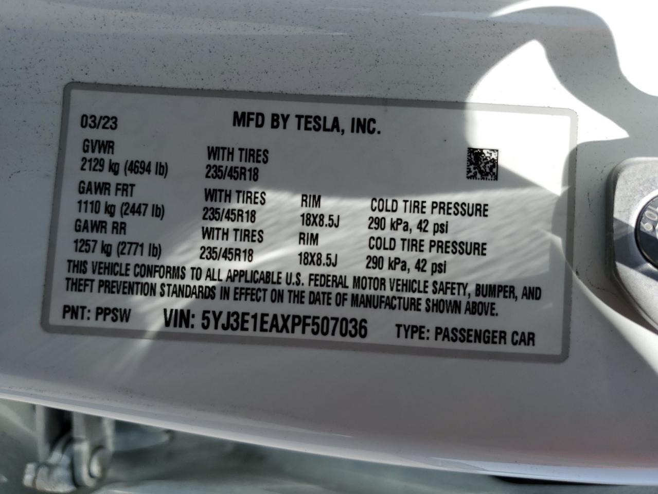 5YJ3E1EAXPF507036 2023 Tesla Model 3