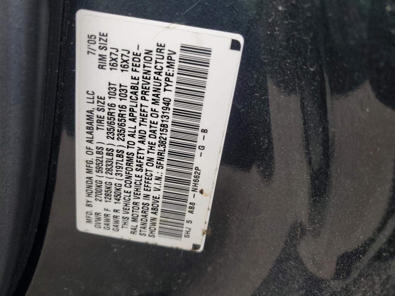 5FNRL38215B131940 2005 Honda Odyssey Lx