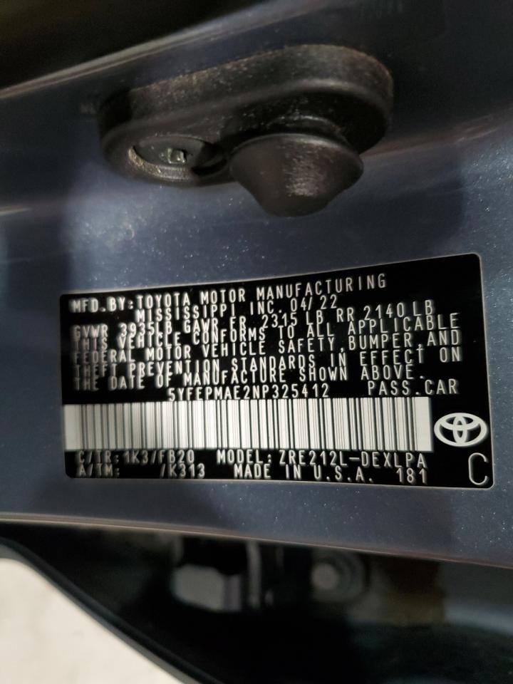 5YFEPMAE2NP325412 2022 Toyota Corolla Le