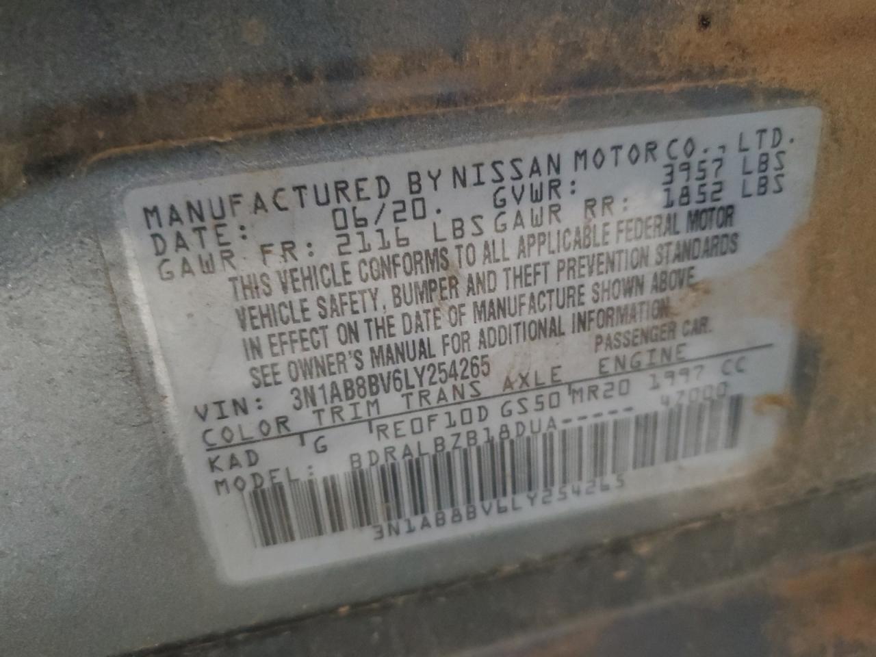 3N1AB8BV6LY254265 2020 Nissan Sentra S