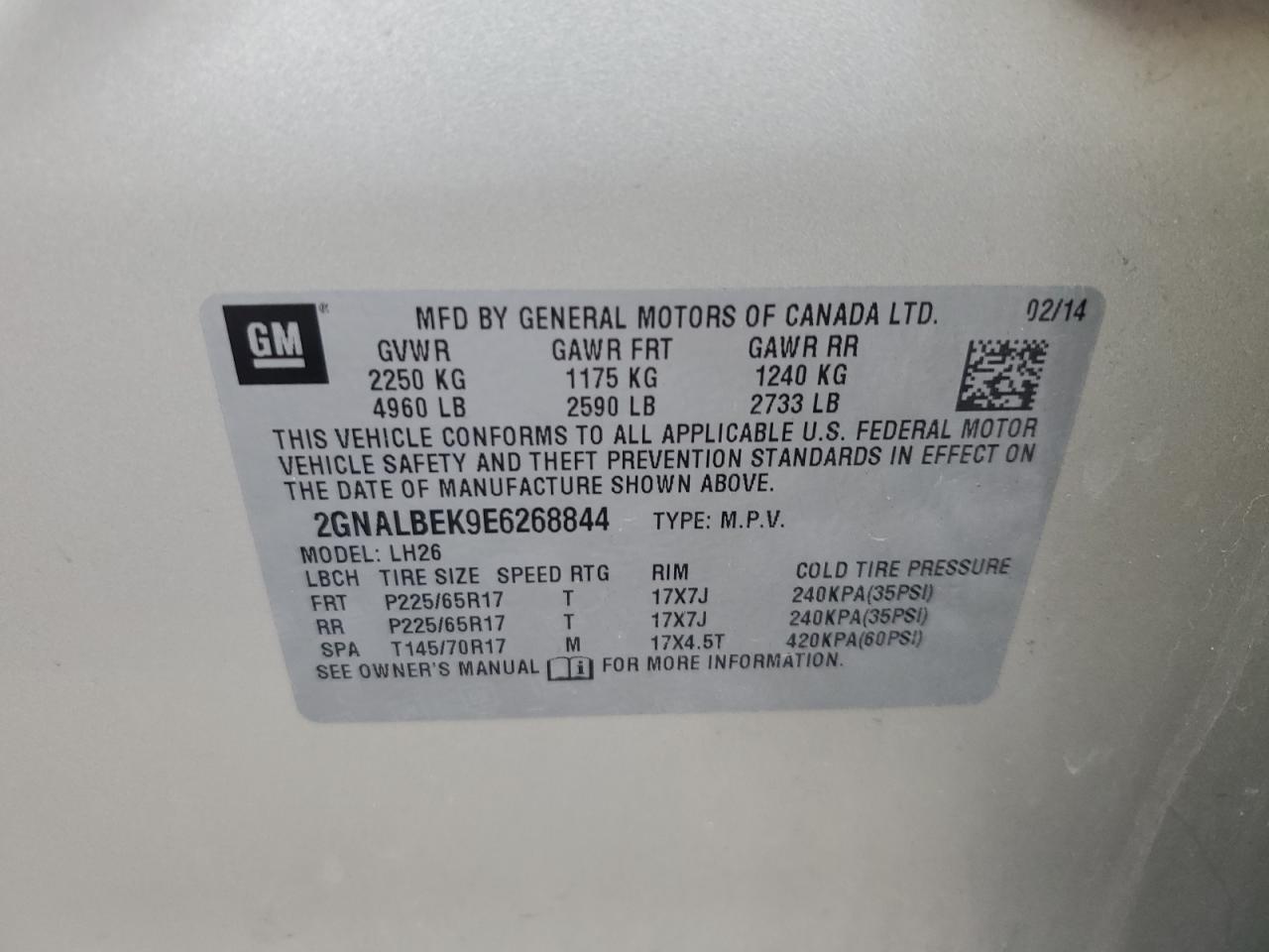 2GNALBEK9E6268844 2014 Chevrolet Equinox Lt