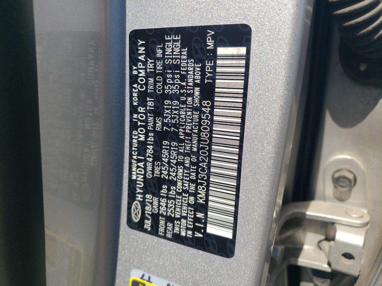 KM8J3CA20JU809548 2018 Hyundai Tucson Value