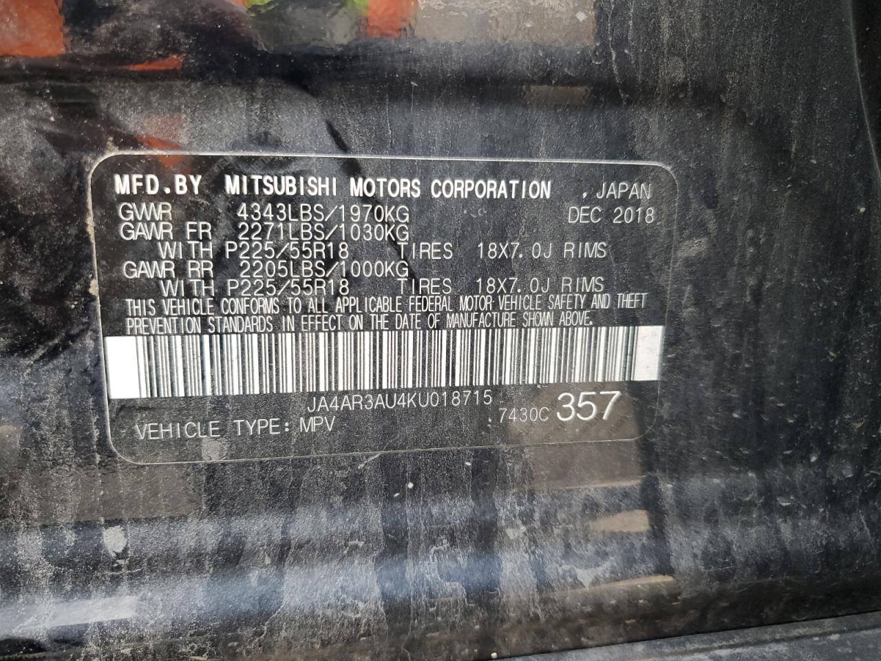 JA4AR3AU4KU018715 2019 Mitsubishi Outlander Sport Es